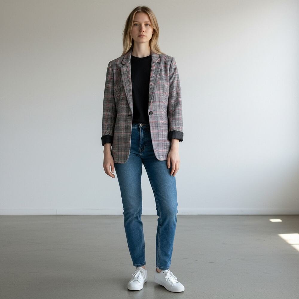 GAP Women Grey & Red Grid Plaid Fold Cuff Academy Blazer Size 0